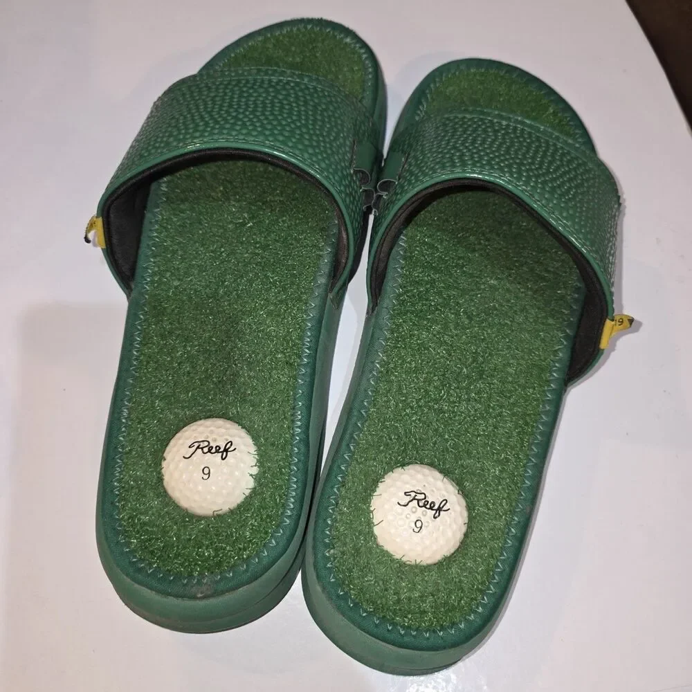 REEF MULLIGAN Sz 9 Green Turf Grass Golf Ball Heel Slide On Sporty Logo Sandals